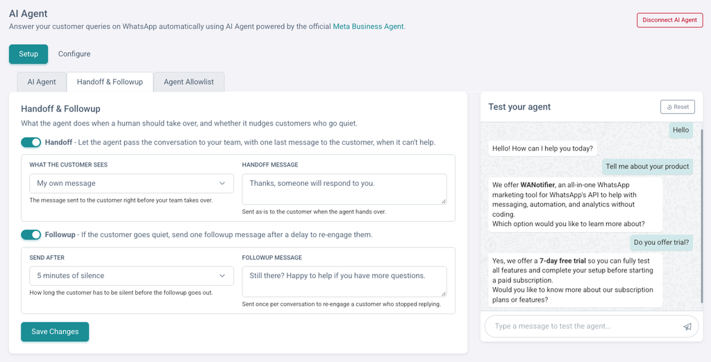 Add Handoffs and Followups to WhatsApp Business AI Agent with WANotifier