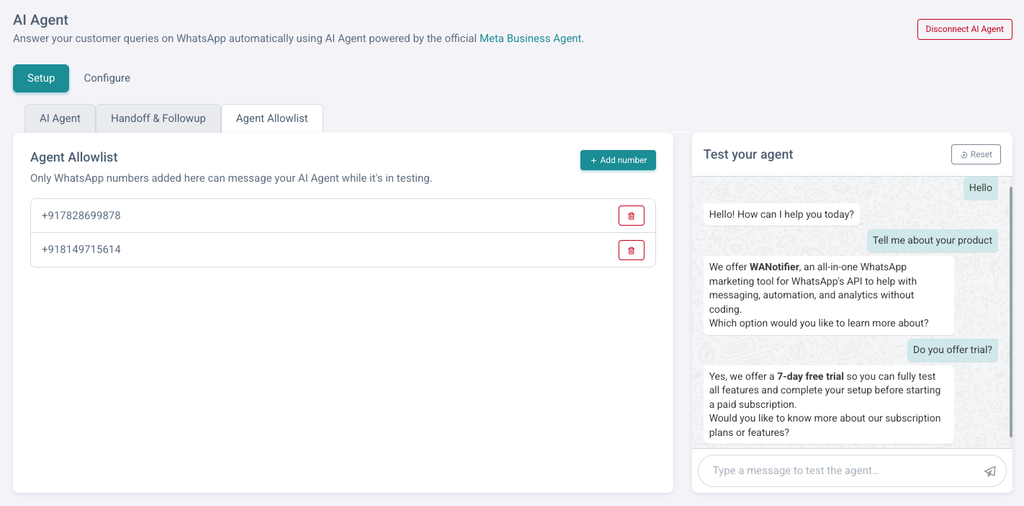 Add Agent Allowlist Phone Numbers to WhatsApp Business AI Agent with WANotifier