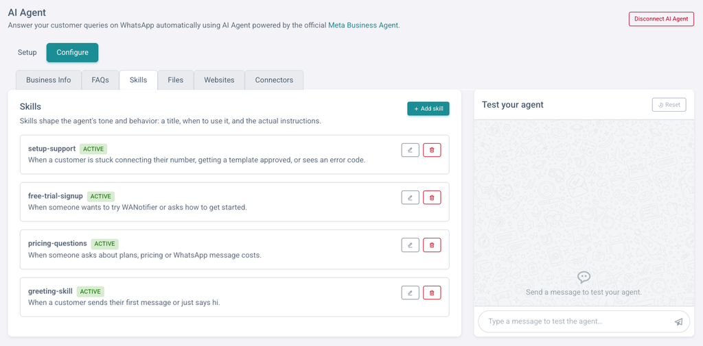 Add Skills to WhatsApp Business AI Agent with WANotifier