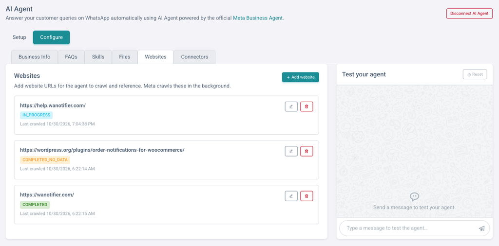 Add Websites to WhatsApp Business AI Agent with WANotifier
