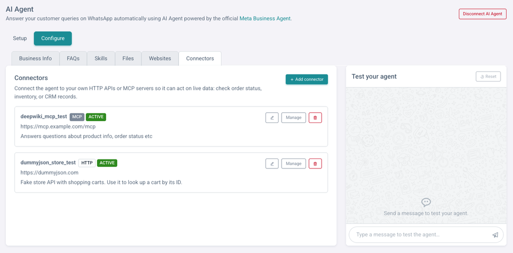 Add Connectors to WhatsApp Business AI Agent with WANotifier